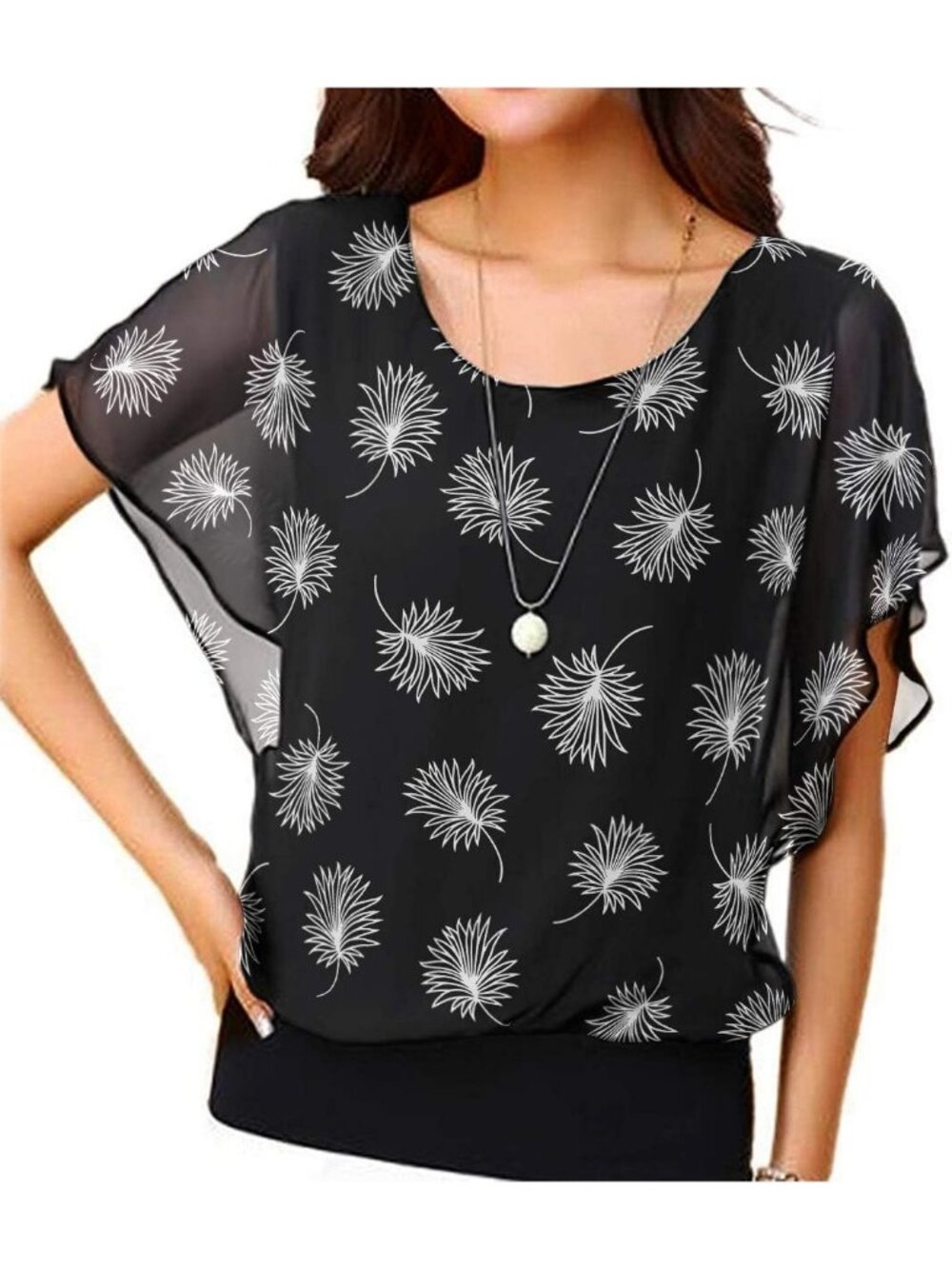 Women's Black Leaf Elegant Loose Casual Short Sleeve Chiffon Top T Shirt Blouses